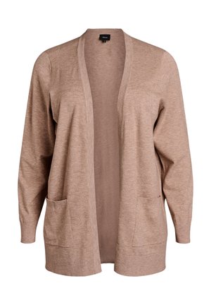 Brązowy kardigan wykonany z miękkiego materiału, z otwartym przodem, długimi rękawami i dwoma przednimi kieszeniami. Prosty design z prążkowaniem.