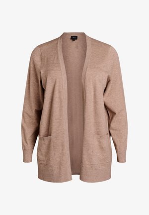 Cardigan marrone in tessuto morbido, con apertura frontale, maniche lunghe e due tasche frontali. Design semplice con dettagli a costine.