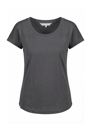 Dunkelgraues Damen-T-Shirt mit kurzen Ärmeln und rundem Ausschnitt, kleines Markenetikett am unteren linken Saum, Größe Small.