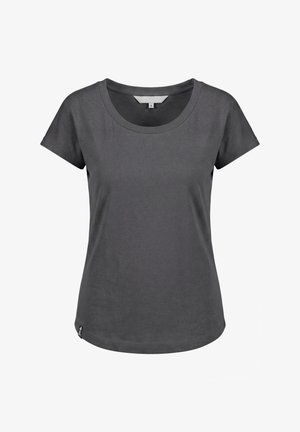 Dunkelgraues Damen-T-Shirt mit kurzen Ärmeln und rundem Ausschnitt, kleines Markenetikett am unteren linken Saum, Größe Small.