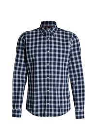 Camicia a scacchi in cotone navy e bianco, con colletto button-down, maniche lunghe e orlo arrotondato con chiusure a bottone.