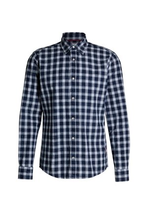 Karierter Hemd aus dunkelblauem und weißem Baumwollstoff, mit Button-Down-Kragen, langen Ärmeln und abgerundetem Saum mit Knopfverschlüssen.