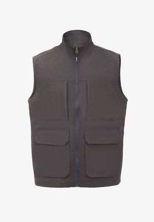 Grå, ærmeløs vest med høj krave, frontlynlås og to store klappunkter. Glat stof med en let mat finish.