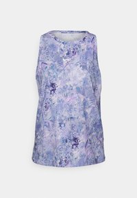 Haut sans manches avec un motif floral violet et bleu, fabriqué en tissu léger, avec un col rond et un petit logo sur la poitrine.