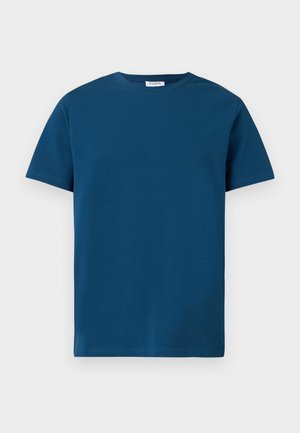 Granatowy t-shirt z okrągłym dekoltem, wykonany z miękkiej bawełny, z krótkimi rękawami i prostym, gładkim wykończeniem o prostym kroju.