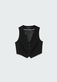 Svart åtsittande väst med djup V-ringning, sex framknappar och slätt innerfoder. Har strukturerade axlar och avsmalnande nederkant.
