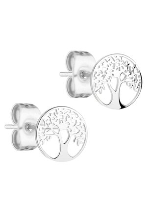 Boucles d'oreilles en argent en forme d'arbre avec des branches et des feuilles découpées, présentant un design circulaire poli et une fermeture à tige standard.