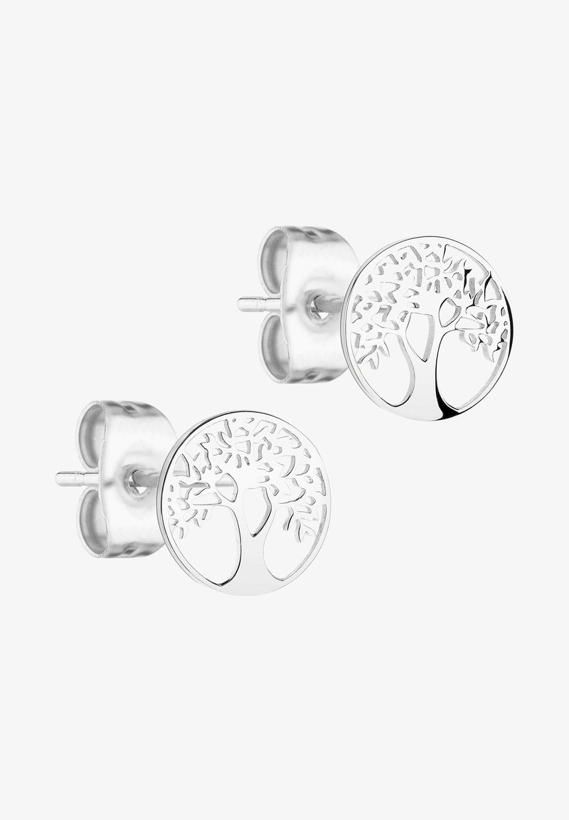 Silberne, baumförmige Steckerohrringe mit ausgeschnittenen Ästen und Blättern, die ein poliertes, rundes Design und einen Standard-Pin-Rückverschluss aufweisen.