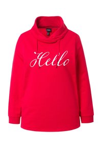 Punainen huppari, jossa on kaula-aukko, pitkät hihat ja valkoinen "Hello" -teksti painettuna eteen. Valmistettu pehmeästä, kuvioidusta kankaasta.