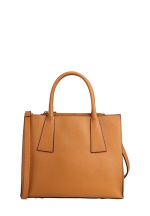 Tan leather handbag with dual handles and an adjustable shoulder strap, featuring a structured rectangular shape and zipper closure.