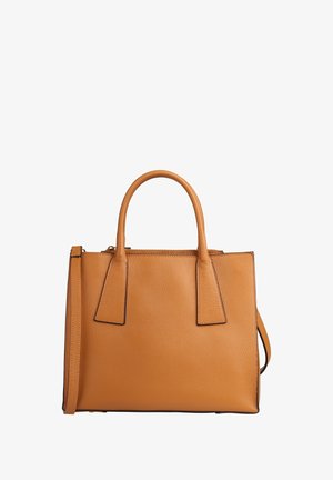 Tan leather handbag with dual handles and an adjustable shoulder strap, featuring a structured rectangular shape and zipper closure.