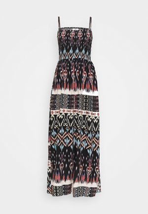 Robe maxi sans manches avec motifs géométriques et abstraits multicolores, avec fines bretelles et corsage froncé ajusté.