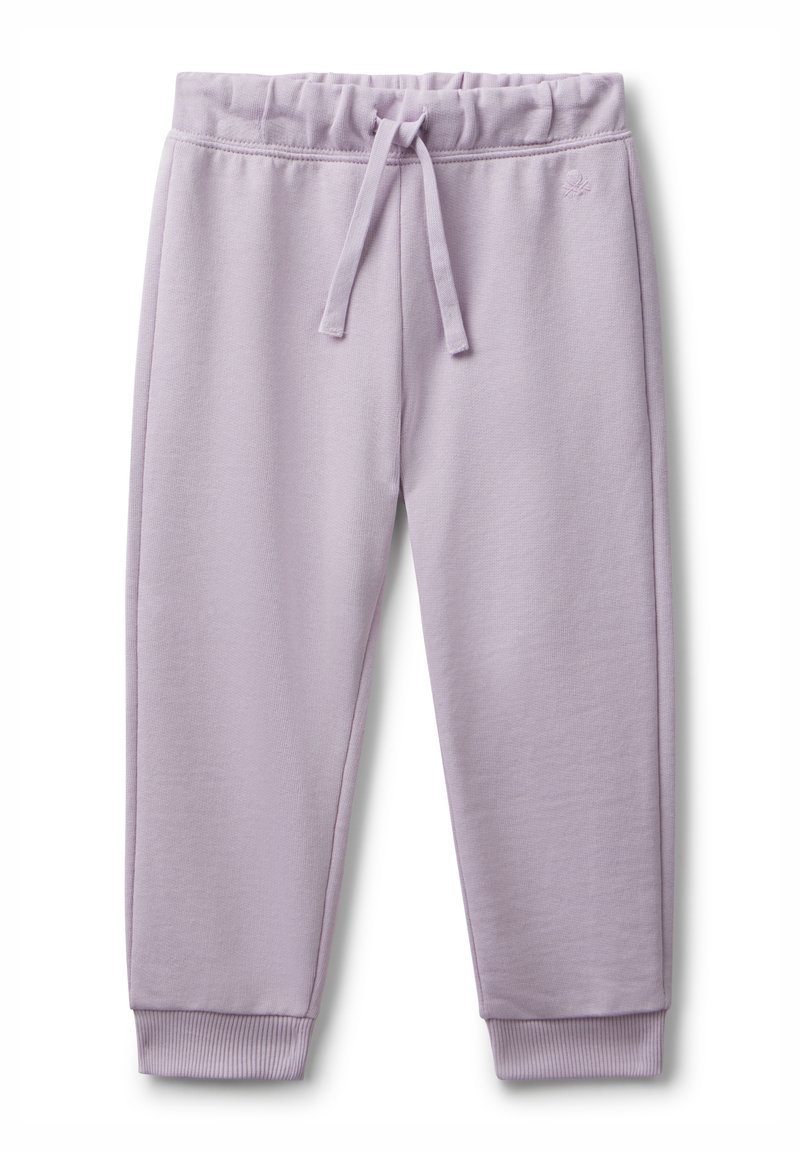 Světle fialové tepláky s elastickým pasem, nastavitelným šňůrkem a žebrovanými lemy. Vyrobené z měkké, texturované látky.