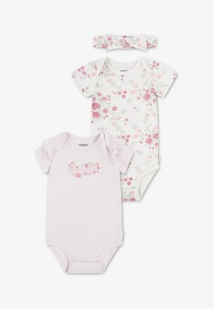Set di due body per neonati: uno rosa chiaro con stampa floreale, uno bianco con fiori rosa, entrambi con maniche corte e dettagli a volant. Include una fascia per capelli coordinata.