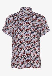 Camicia a maniche corte con bottoni, caratterizzata da un motivo floreale con tonalità di rosso, blu e verde su uno sfondo chiaro, realizzata in un tessuto morbido.