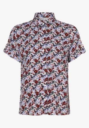 Short-sleeve button-up shirt featuring a floral pattern with shades of red, blue, and green on a light background, made from a smooth fabric.