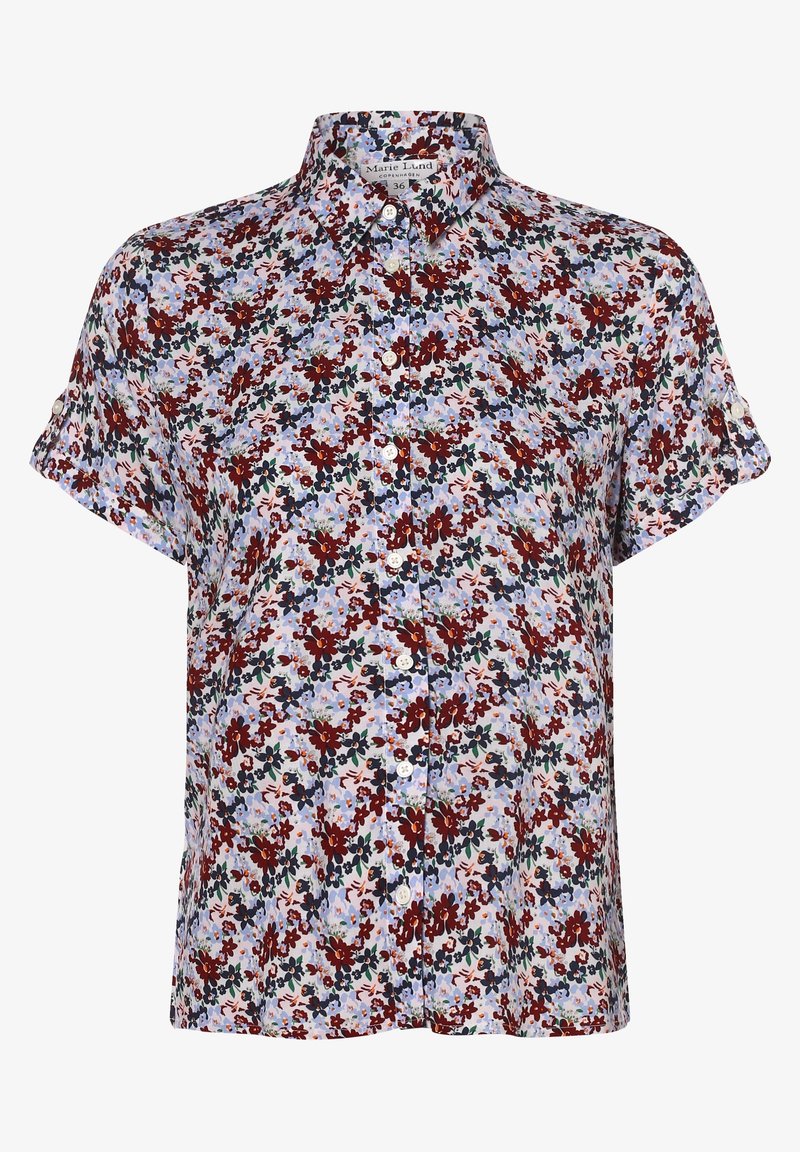 Camicia a maniche corte con bottoni, caratterizzata da un motivo floreale con tonalità di rosso, blu e verde su uno sfondo chiaro, realizzata in un tessuto morbido.