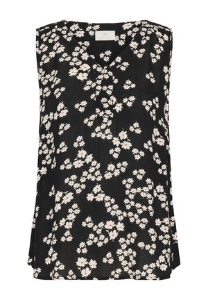 Black sleeveless top featuring a V-neck, floral pattern with white flowers and red centers, lightweight fabric, and a relaxed fit.