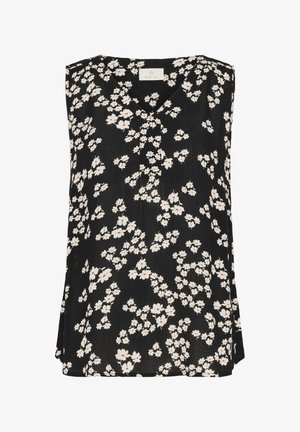 Black sleeveless top featuring a V-neck, floral pattern with white flowers and red centers, lightweight fabric, and a relaxed fit.