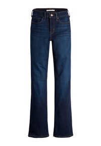 Jean en denim bleu foncé avec un design à jambe droite, cinq poches, fermeture à bouton et des coutures discrètes. Texture lisse, taille mi-haute.