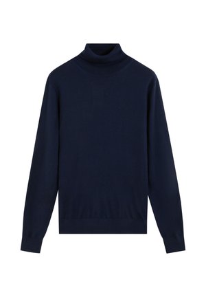 Pull à col roulé bleu marine en matière douce. Caractéristiques : manches longues, coupe ajustée, col et ourlet côtelés. Sans motifs ni accents visibles.