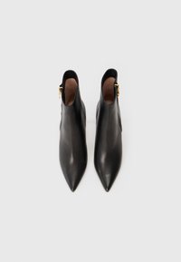 Bottines en cuir noir avec un design à bout pointu, mettant en valeur une quincaillerie dorée, une texture lisse et une silhouette ajustée.