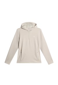 Pullover con cappuccio beige chiaro, con zip a metà frontale, due tasche laterali e un logo discreto sul petto. Texture liscia, design casual.
