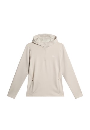 Pullover con cappuccio beige chiaro, con zip a metà frontale, due tasche laterali e un logo discreto sul petto. Texture liscia, design casual.