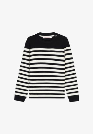 Pull à manches longues à rayures noires et blanches avec trois boutons sur l'épaule gauche et poignets et col côtelés.