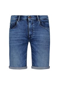 Denim shorts in een middelblauwe was met een licht vervaagde textuur. Heeft opgerolde zomen, vijf zakken en een sluiting met een knoop aan de voorkant.