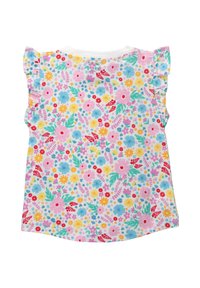 Kwiatowa bluzka z krótkim rękawem, z białym tłem i różowymi, żółtymi oraz niebieskimi kwiatami. Falbaniaste detale przy ramionach dodają uroku.