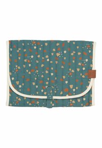 Quilted laptop sleeve in teal with a pattern of irregular shapes in cream and rust. Features a white trim and a fabric strap closure.