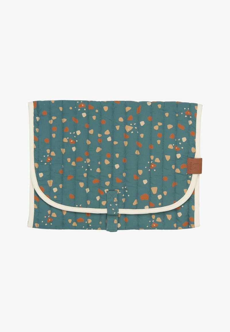 Quilted laptop sleeve in teal with a pattern of irregular shapes in cream and rust. Features a white trim and a fabric strap closure.
