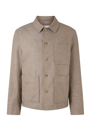 Brun uldjakke med krave, der har fire forlommer og knaplukninger. Struktureret stof med et subtilt mønster.