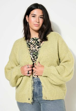 Svetle zelený pletený cardigan volného střihu s žebrovanými manžetami a surovým lemem. Modelka má pod ním květinový top.