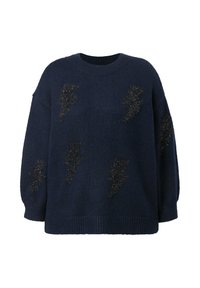 Donkerblauwe gebreide trui met losse pasvorm, ronde hals en metalen zwarte bliksemschichtapplicaties op de voorkant. Gestructureerde stof.