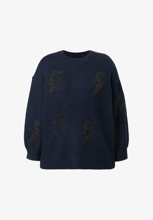 Donkerblauwe gebreide trui met losse pasvorm, ronde hals en metalen zwarte bliksemschichtapplicaties op de voorkant. Gestructureerde stof.