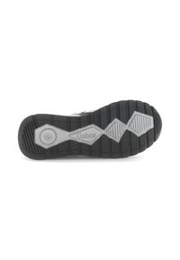 Zwarte rubberen zool met een gestructureerde grip, voorzien van een zilver geometrisch ontwerp en een cirkelvormig detail bij de hak voor grip en ondersteuning.