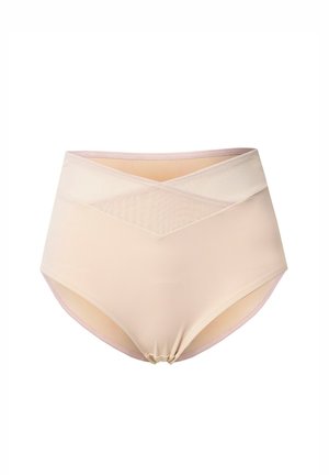 Biancheria intima beige a vita alta senza cuciture con un pannello a rete a forma di V sul davanti e bordi rifiniti in rosa chiaro.
