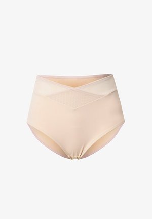Beige naadloos hooggetailleerd ondergoed met een V-vormig mesh paneel aan de voorkant en zachte roze rand langs de randen.