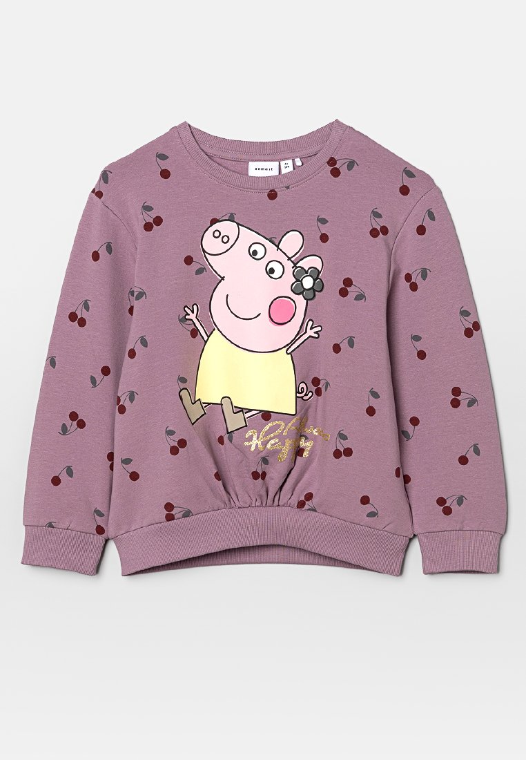 Paarse sweatshirt met een graphic van een cartoonvarken, met kersenpatronen en een gathered zoom. Gemaakt van zachte stof, met een ronde hals.