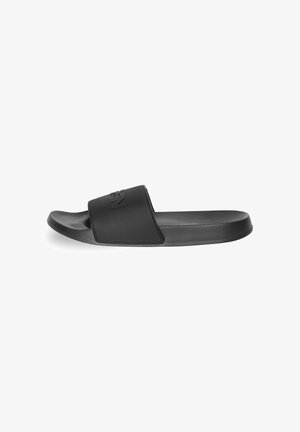 Sandale slide noire à bout ouvert avec une large bride texturée et une semelle intérieure moulée, vue de côté sur fond blanc.
