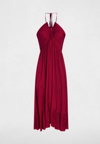 Abito rosso con scollo all'americana, dettagli arricciati sul corpetto, gonna fluida e orlo ondulato. Realizzato in tessuto leggero.