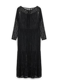 Czarna koronkowa sukienka z długimi rękawami, okrągłym dekoltem i warstwową spódnicą. Materiał ma kwiatowy wzór z koronki oraz delikatną teksturę.