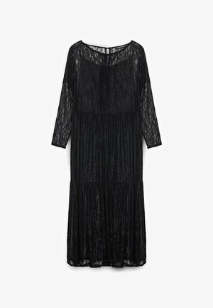 Czarna koronkowa sukienka z długimi rękawami, okrągłym dekoltem i warstwową spódnicą. Materiał ma kwiatowy wzór z koronki oraz delikatną teksturę.