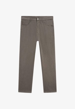 Grå denimjeans med rak benmodell, med fem fickor, knäppning fram och subtil textur.