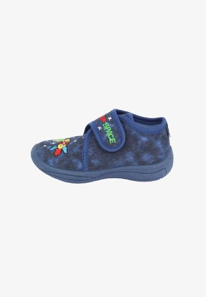 Blue fabric shoe with Velcro strap, featuring embroidered rocket and planet designs, and a textured, flexible sole.