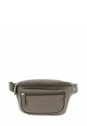 Banane en cuir gris avec une texture lisse, deux compartiments zippés et un design épuré. Présente un accent de marque à l'avant.
