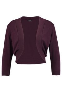 Mörklila öppen kort kavaj med lång ärm och ribbad kant på ärmar och kanter.