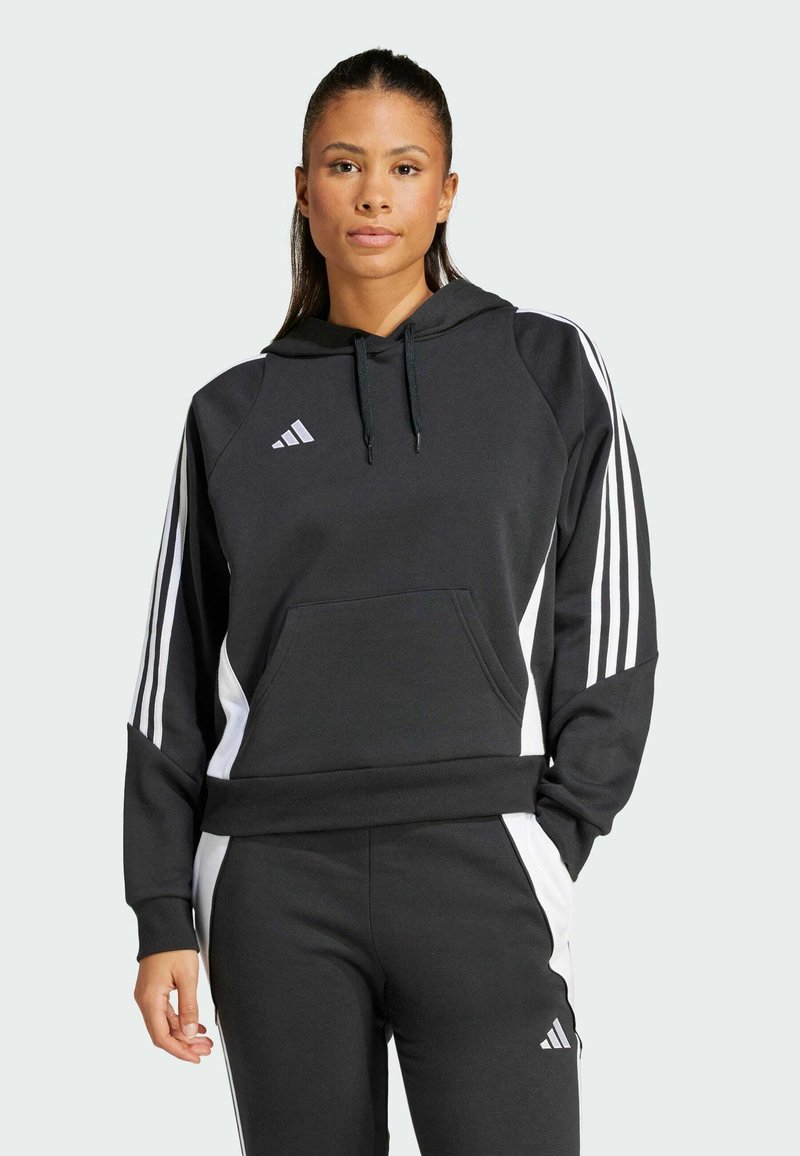 Black sweatshirt with a hood, white side panels, and three white stripes on the sleeves. Features a front pocket and Adidas logo.